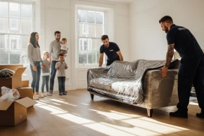 Movers carefully unloading and placing furniture in a customer's new London home