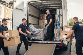 Professional moving team packing and loading a removal van for a London relocation