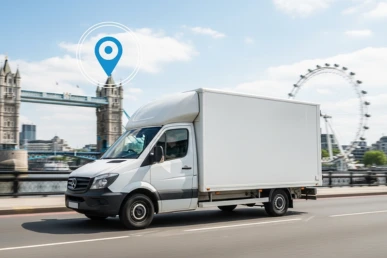 Modern removal van on a London road with GPS tracking and insurance protection