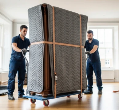 Movers handling large furniture with protective wrapping and professional equipment