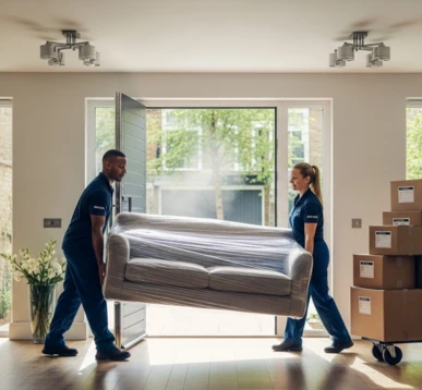 Professional movers carefully carrying packed boxes and furniture into a new London home
