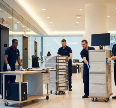 Professional team relocating office furniture and equipment in a London business building