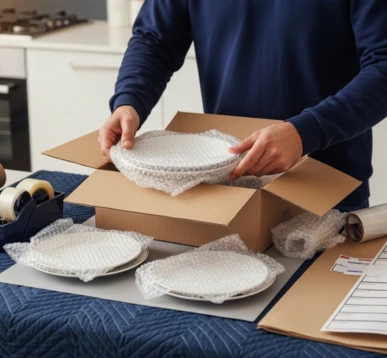 Professional packer carefully wrapping items with quality packing materials in a London home