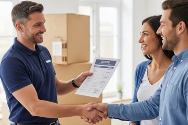 Friendly move manager presenting a clear written quote to a satisfied customer in London