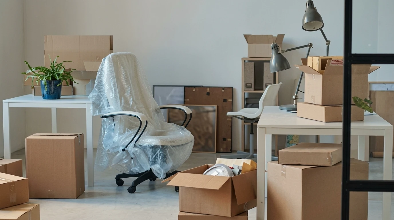 An office space prepared for relocation featuring desks with packed cardboard boxes and an office chair carefully wrapped in protective bubble wrap by moving services Enfield.