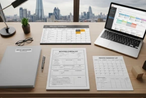 A laptop or Notes on the table showing the Seen Of Moving Planning
