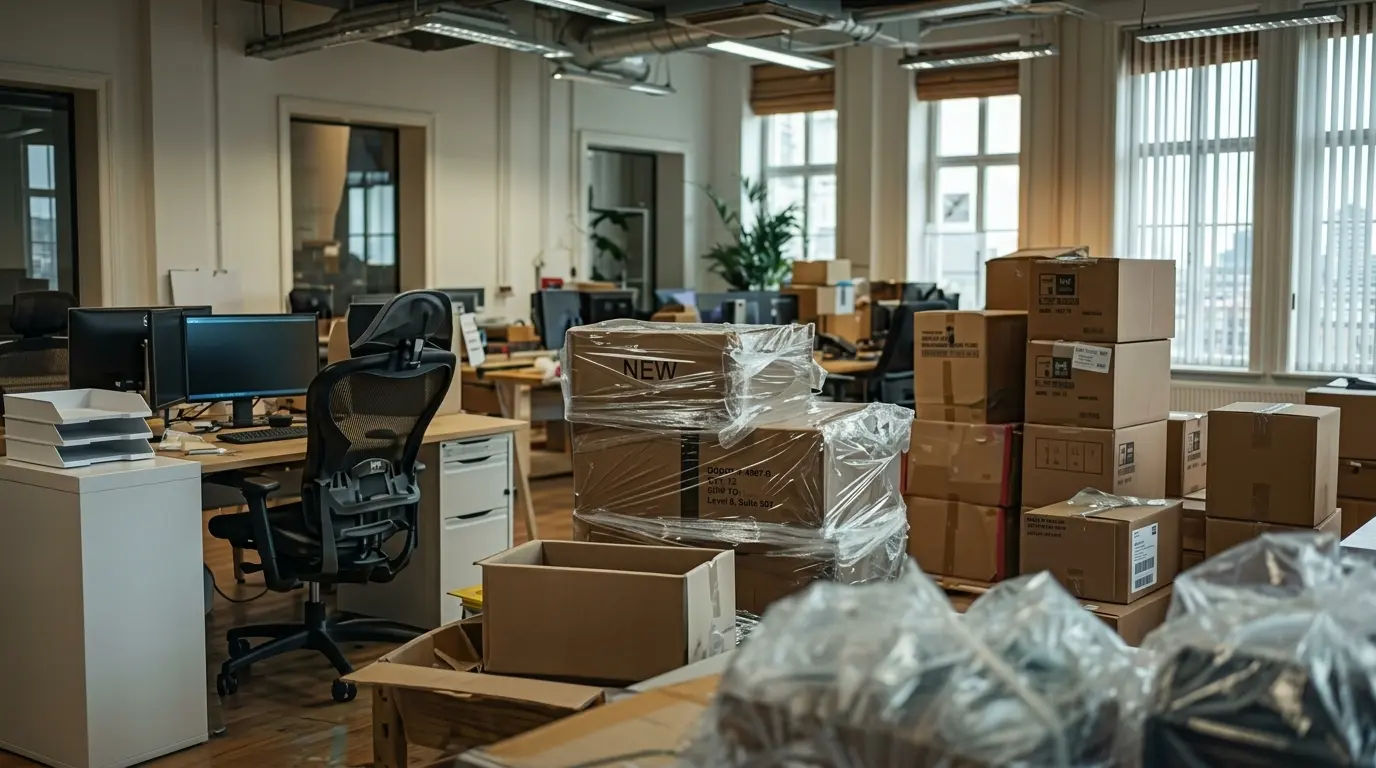 A large modern office workspace filled with stacks of packed cardboard boxes and shrink-wrapped equipment during a business move by removals Enfield.