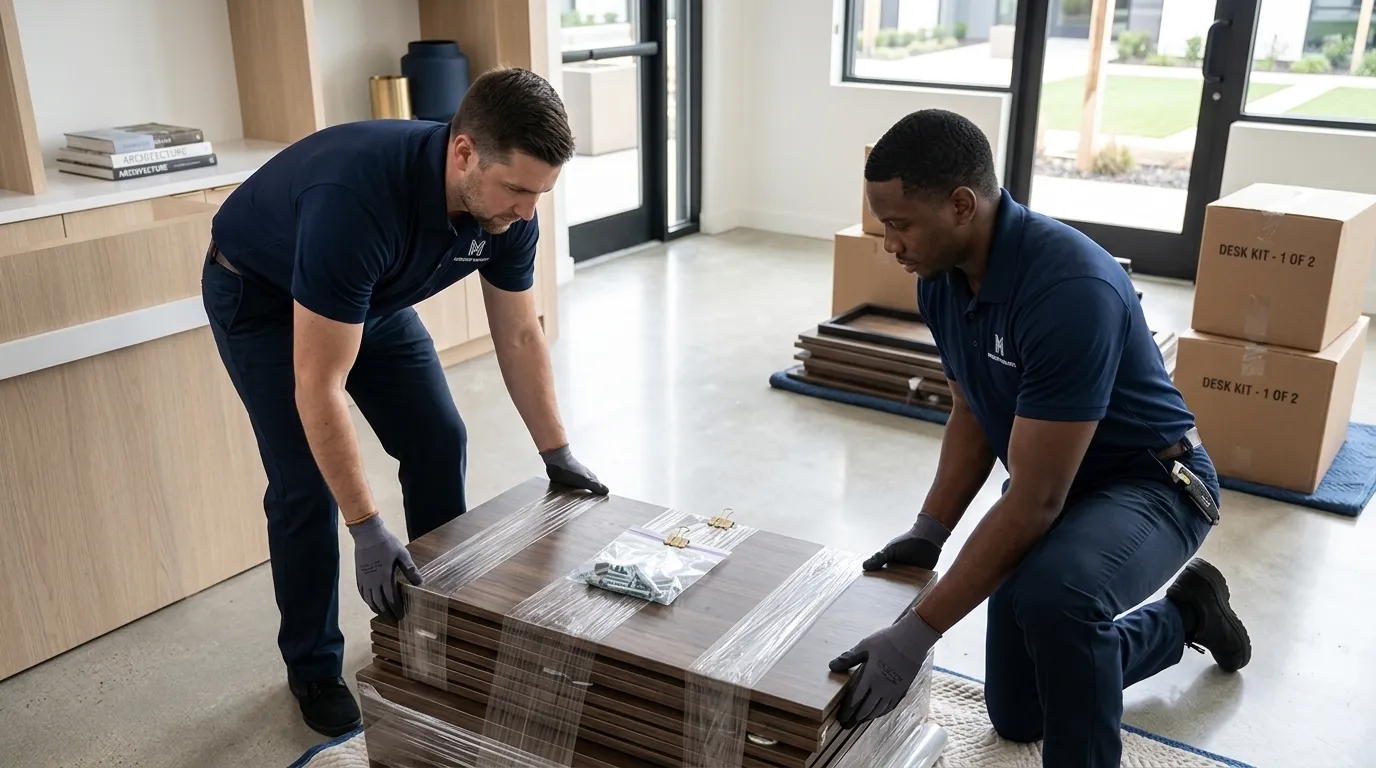 Two professional movers in uniform carefully lifting a shrink-wrapped furniture piece with hardware attached for secure relocation.