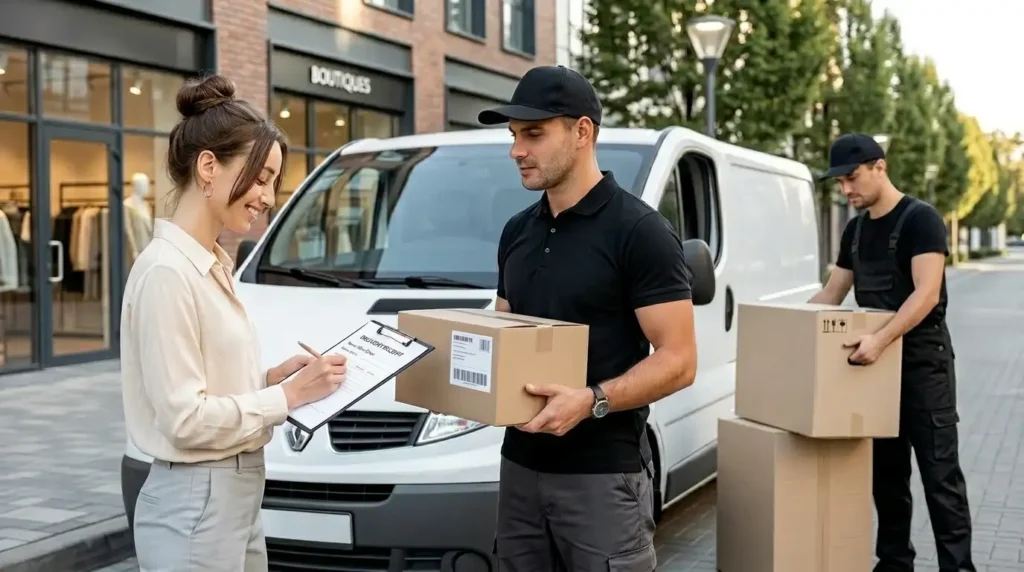 A customer signing a delivery receipt with professional movers and a white van, illustrating fully insured removals and goods in transit protection for domestic moves.