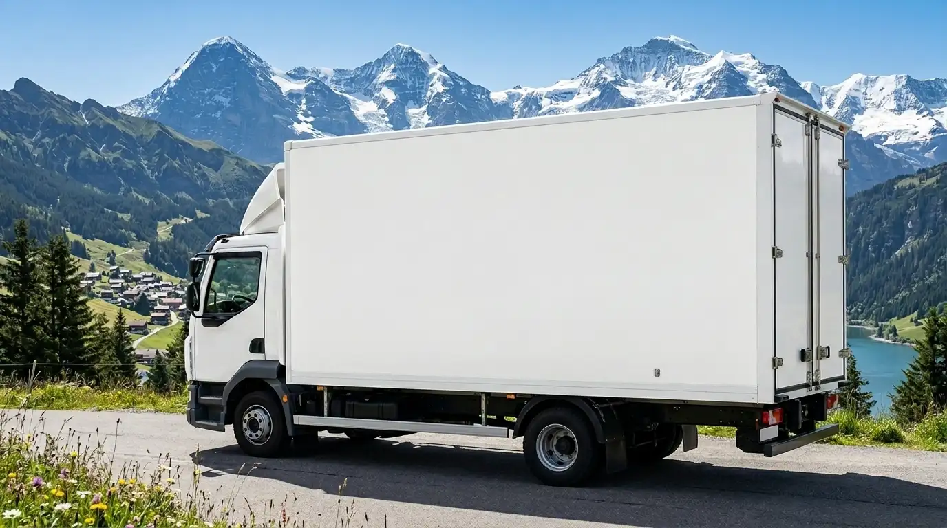 Professional white moving truck parked on a scenic mountain road, showcasing a secure and reliable fleet for long-distance international house removals.