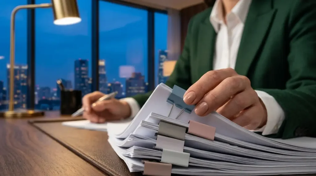 Close-up view of a professional's hands organizing a stack of sorted documents with colourful clips on a wooden desk, illustrating meticulous inventory planning for international relocation services.