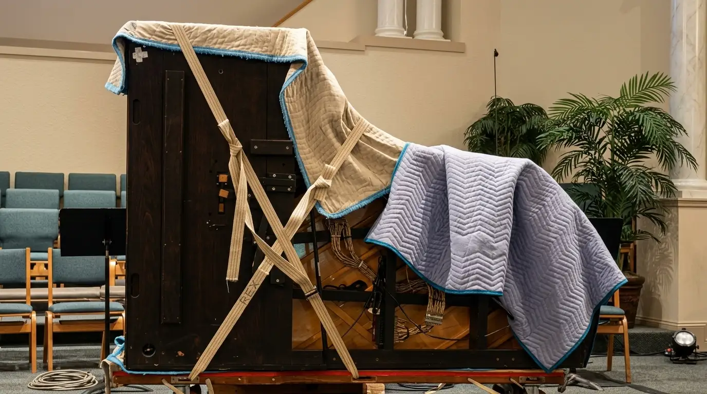 A grand piano carefully wrapped in protective moving blankets and secured with heavy-duty straps for safe transport by moving services Enfield.
