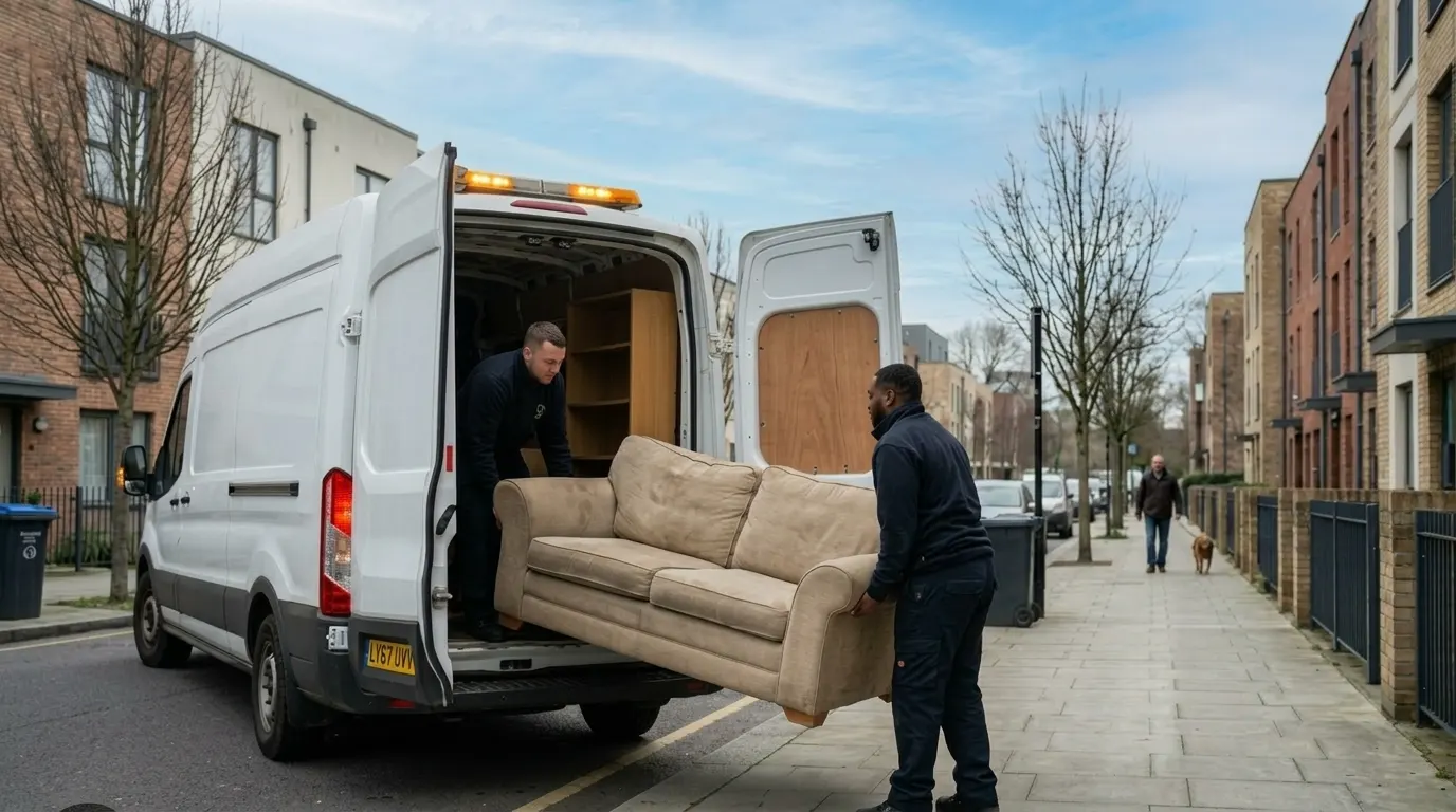 Two professional removalists loading a large beige sofa into the back of a white transit van parked on a residential street.