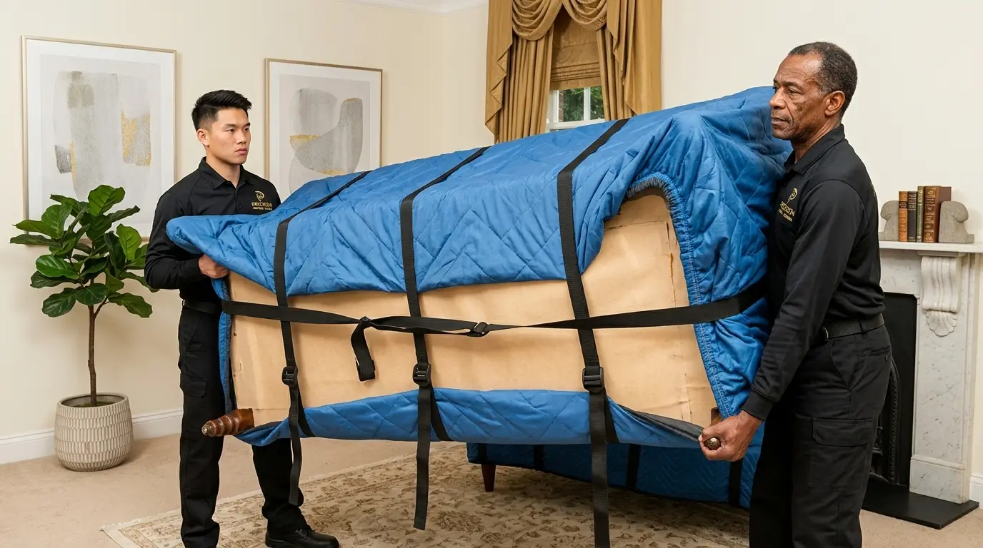 Professional furniture removals team safely moving a padded couch using specialized equipment and protective wrapping to prevent damage during a home move.