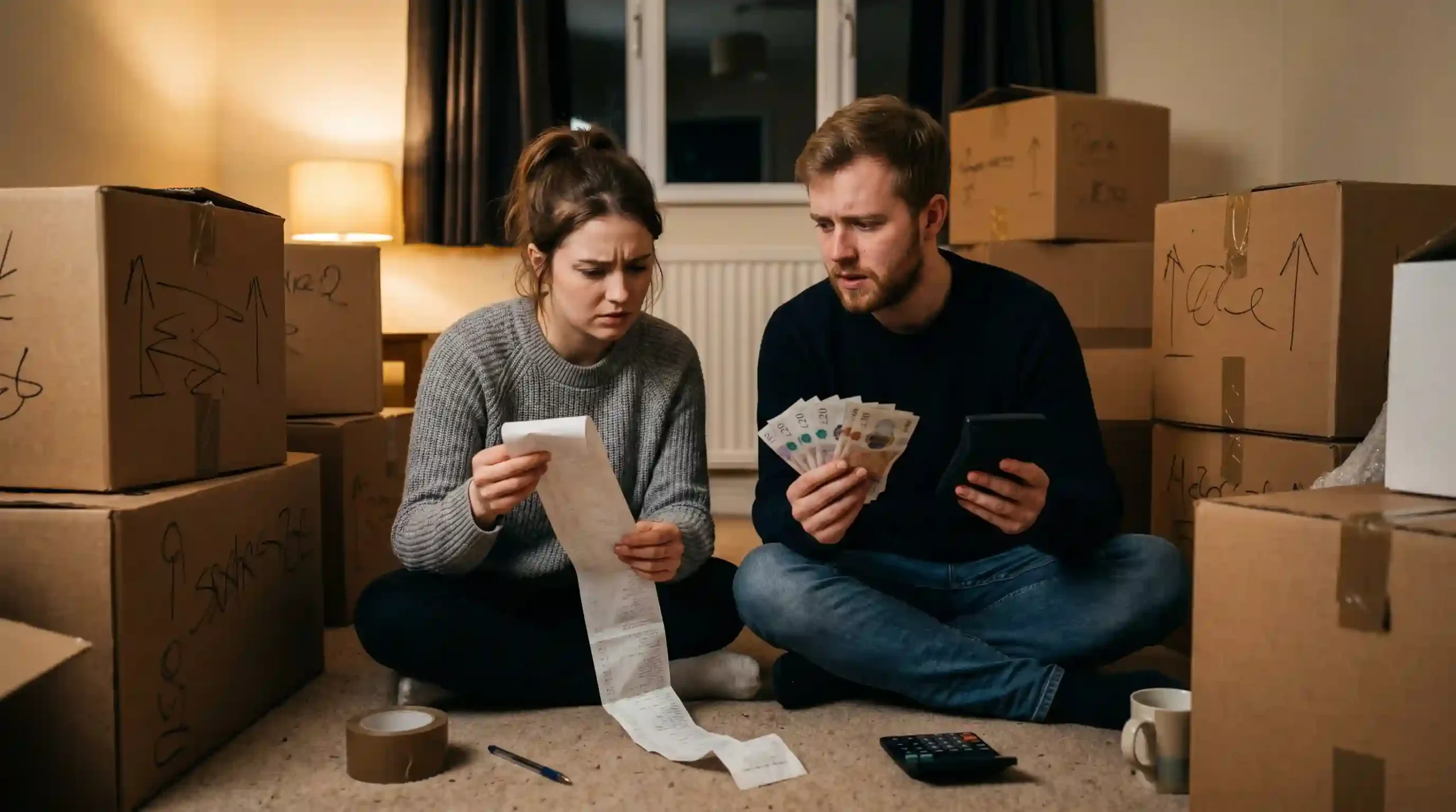 How Much Do House Removals Cost in Enfield? 3 A stressed young couple sitting on the floor surrounded by moving boxes, counting cash and checking a long receipt to calculate additional removal costs to consider.