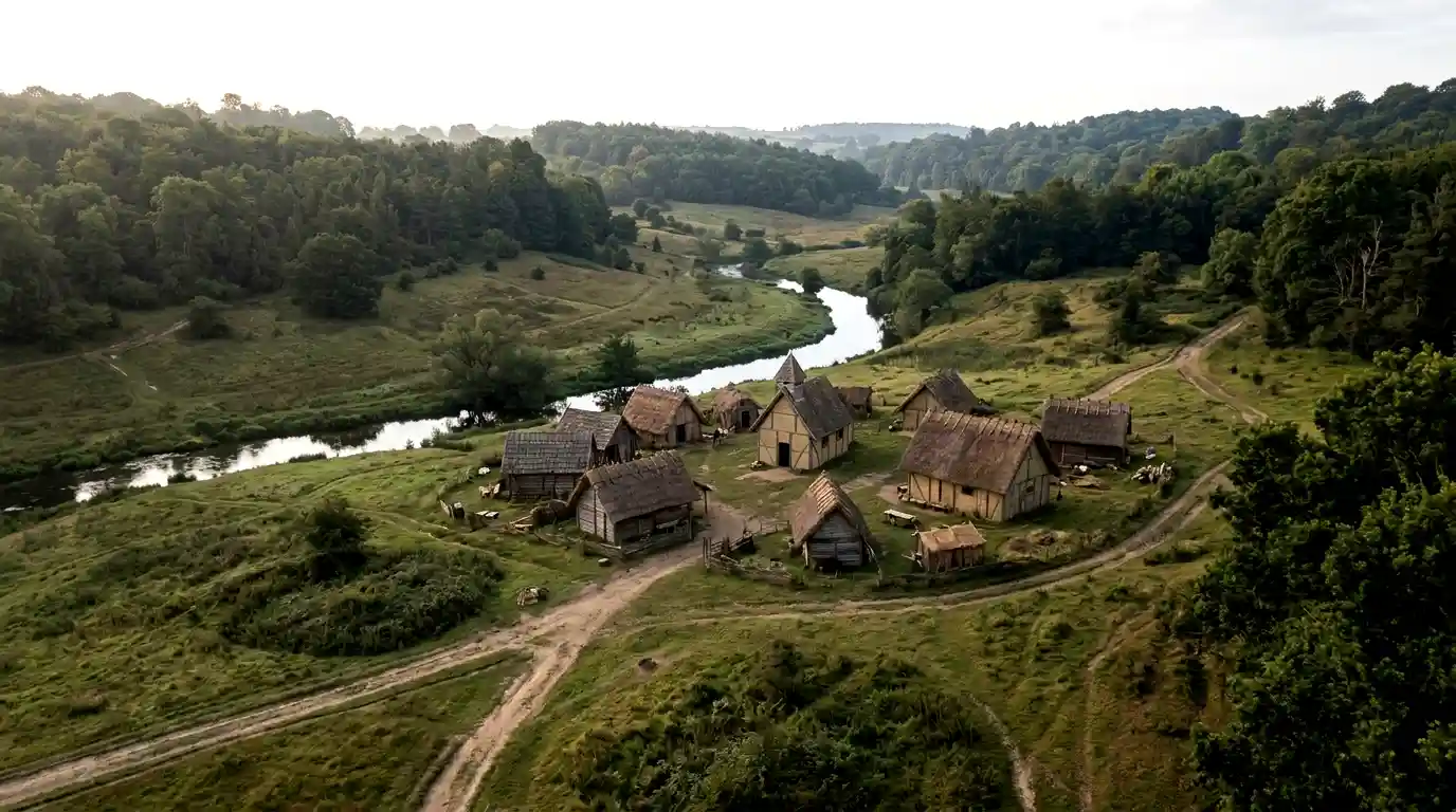 What Is Enfield Famous For? The Ultimate Visitor's Guide 2 Aerial view of a historic medieval-style village beside a winding river, representing the early history and origins of Enfield, London.