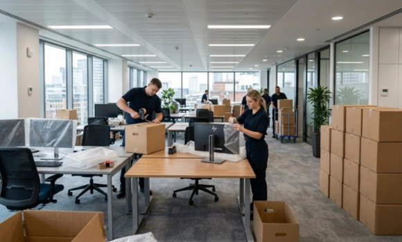 Wide interior view of a modern British office being professionally packed with uniformed movers carefully wrapping computer monitors and stacking sealed boxes during a professional office removal in Watford
