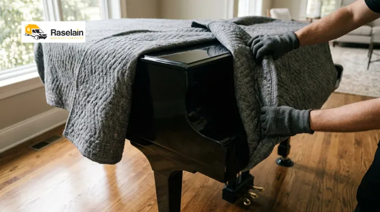 Close-up of a polished black grand piano being carefully wrapped in thick grey moving blankets by gloved hands, soft natural light from a window, hardwood floor, photo