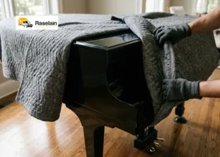 Blog 7 Close-up of a black grand piano carefully wrapped in thick grey moving blankets by a professional mover wearing work gloves