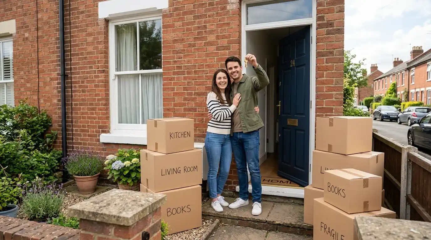 Young couple holding house keys outside their new UK terraced home surrounded by moving boxes