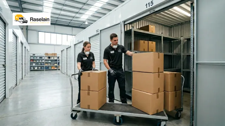 Moving House Storage: Everything You Need to Know Before Your Move 1 Professional removal team loading cardboard boxes into a secure moving house storage uni