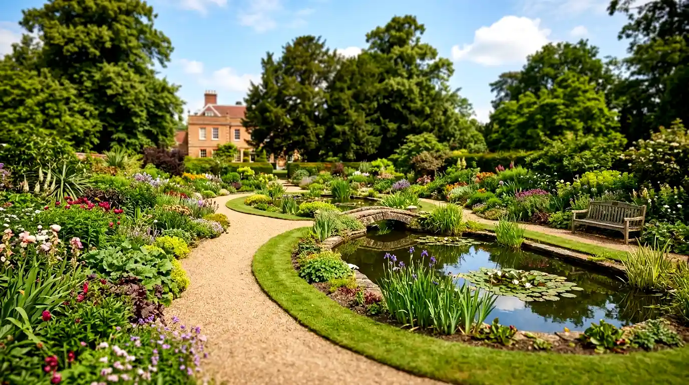 What Is Enfield Famous For? The Ultimate Visitor's Guide 4 Colourful flower gardens at Myddelton House Gardens in Enfield featuring landscaped paths, a pond with a stone bridge, and a historic house in the background.