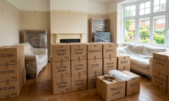 Interior view of a neatly packed British living room with uniformly stacked sealed and labelled cardboard boxes and bubble wrapped furniture ready for a professional house removal in Watford