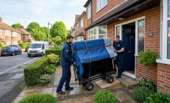 Two professional movers using a heavy duty trolley to carefully move a padded black upright piano out of a traditional British semi-detached house on a residential street in Enfield North London