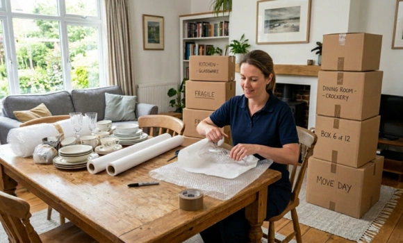 Wide interior view of a professional packer carefully wrapping fragile crockery and glassware in bubble wrap with neatly stacked sealed boxes during a packing service in Enfield