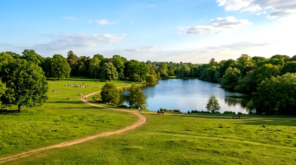 What Is Enfield Famous For? The Ultimate Visitor's Guide 3 Scenic view of Trent Park in Enfield featuring a peaceful lake, walking path, open green fields, and mature trees on a sunny day.