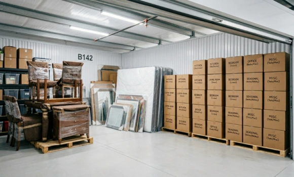 Wide interior view of a well organised personal storage unit filled with neatly wrapped household furniture bubble wrapped mirrors mattress covers and labelled box stacks during house storage in Enfield North London