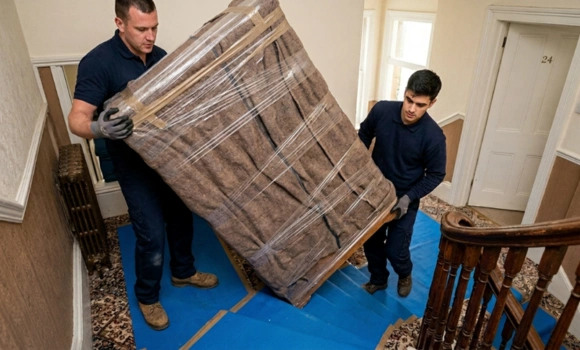 two professional movers carefully carrying a large bubble wrapped wooden wardrobe down a residential staircase with protective floor covering during a furniture removal in Watford