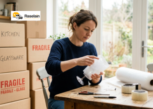 Blog 9 Person wrapping a wine glass in bubble wrap while packing fragile items for a house move
