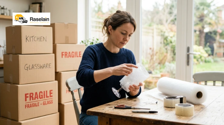 Person wrapping a wine glass in bubble wrap while packing fragile items for a house move