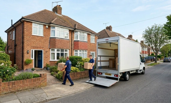 Wide exterior view of a clean white professional removal van parked outside a traditional British semi-detached house in Watford with two uniformed movers carefully carrying boxed items