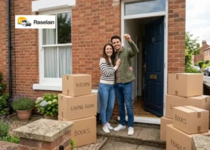 Young couple holding house keys outside their new UK terraced home surrounded by moving boxes