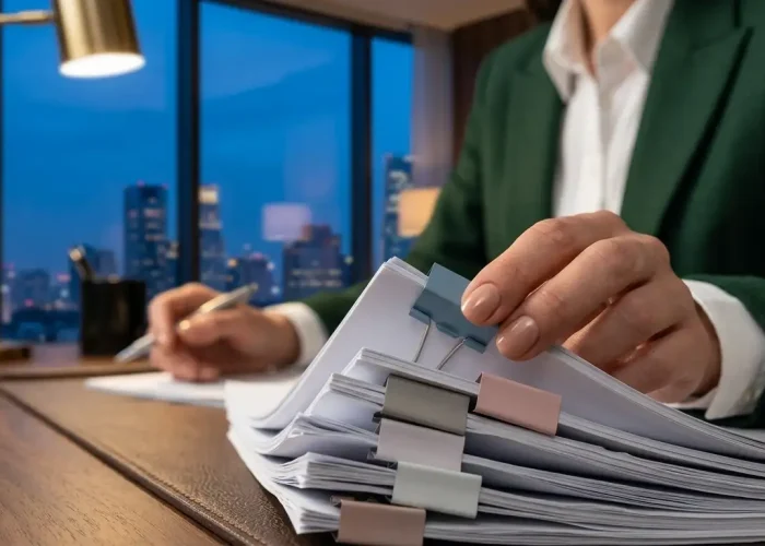 Close-up view of a professional's hands organizing a stack of sorted documents with colourful clips on a wooden desk, illustrating meticulous inventory planning for international relocation services.